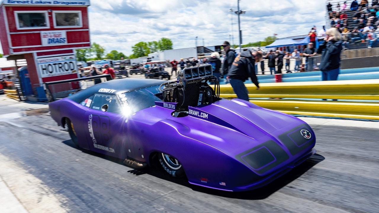 Wicked Fast Muscle Cars Going Down the Quarter Mile Drag Strip (Chicago Wise Guys)