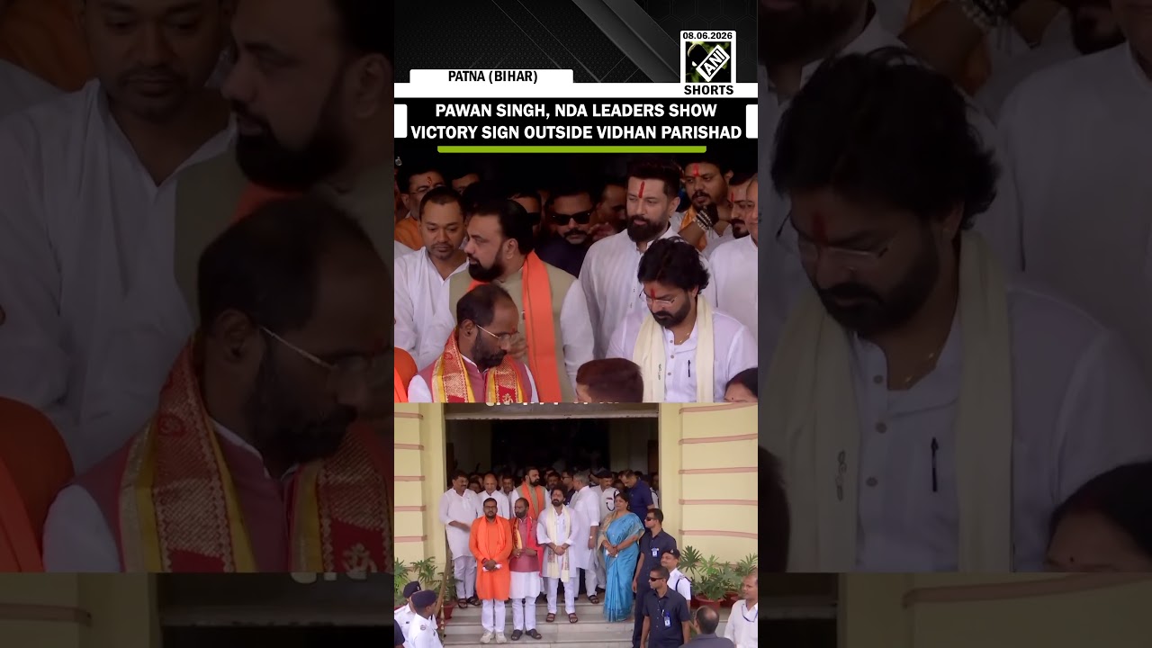 Pawan Singh, Bihar CM Samrat Choudhary, NDA leaders show victory sign outside Vidhan Parishad