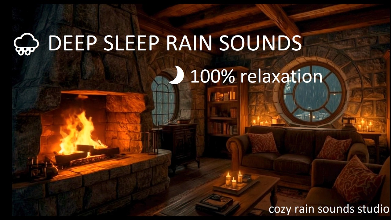 Rainy Night Fireplace Ambience In A Cozy Stone Cabin 8 hrs  Cozy Rain Sounds for Sleep & Relaxation