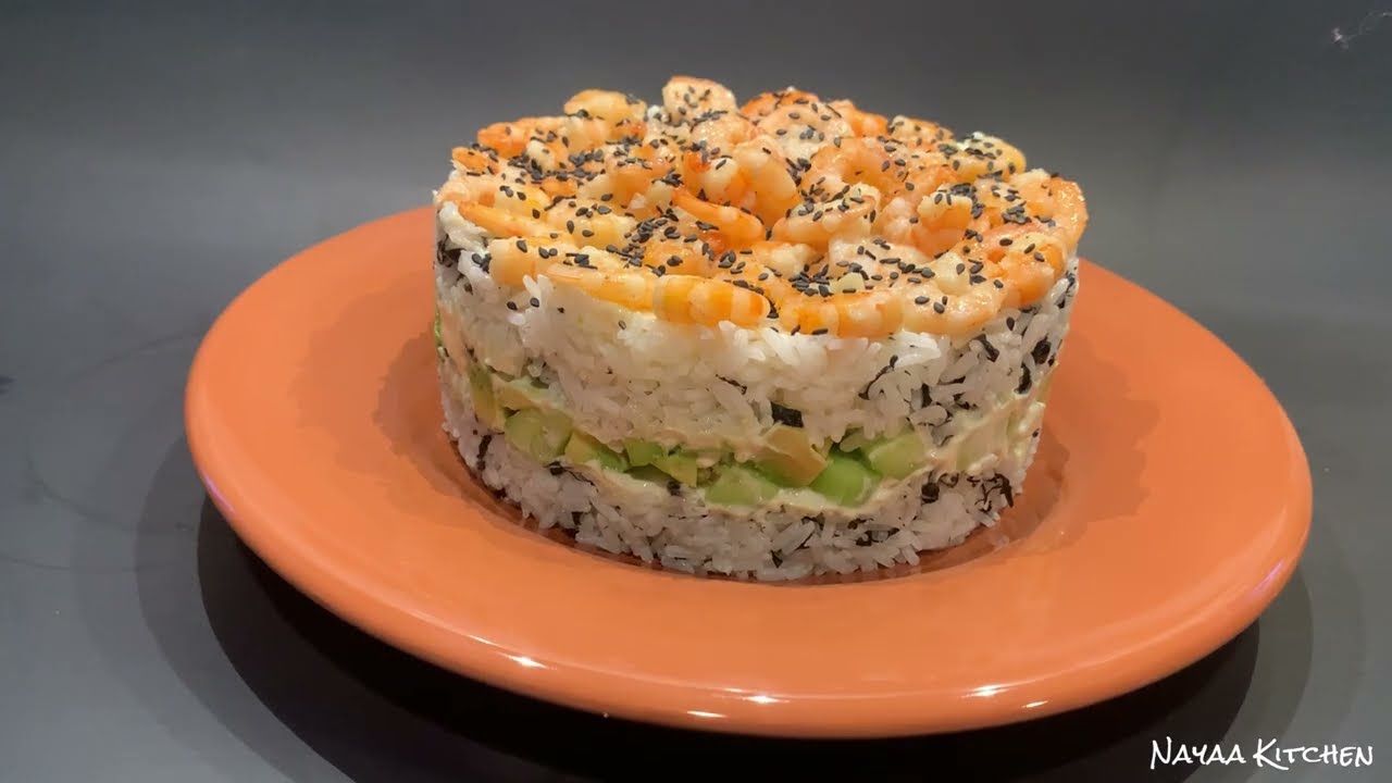 Easy Sushi Cake Recipe for any Occasion, healthy low carb, fresh filling, topped with Juicy shrimps.