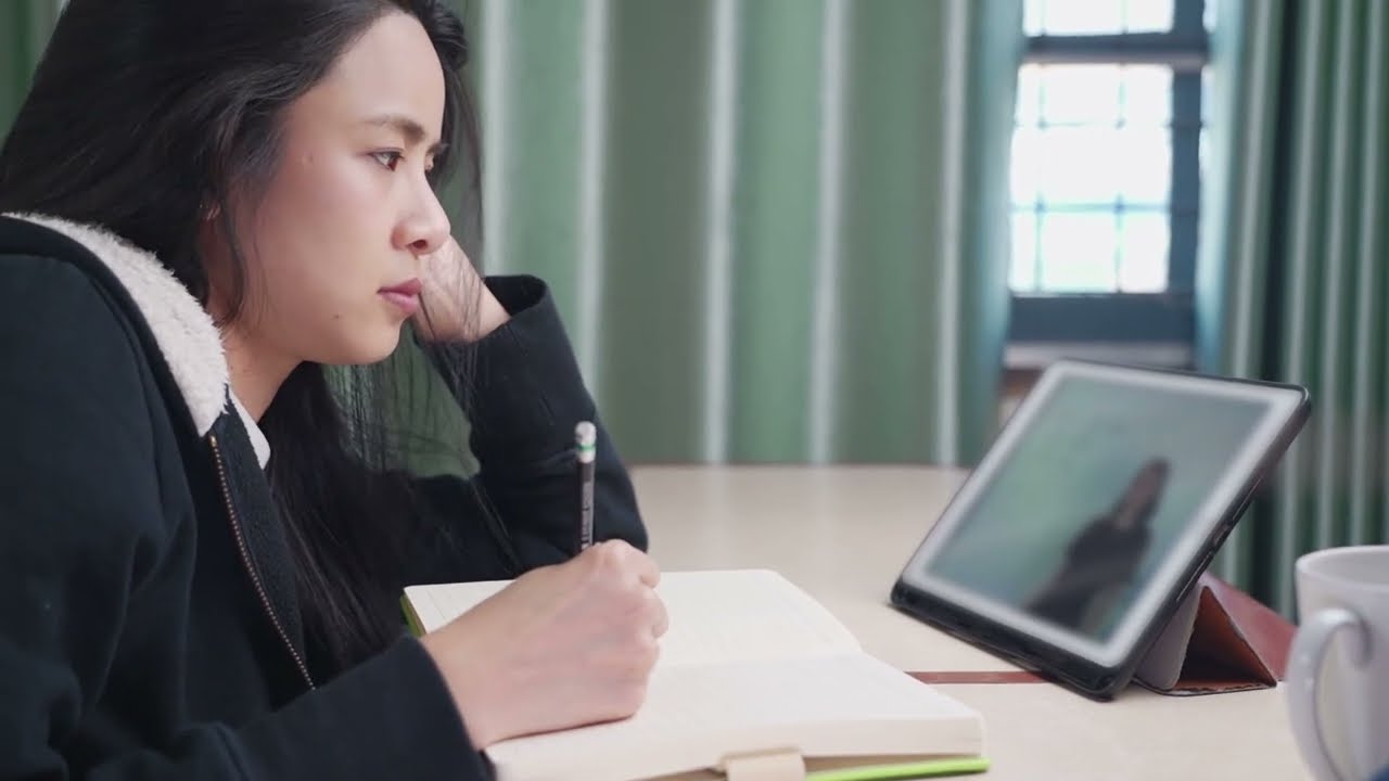 Young Asian Girl Watching Tablet Online E-Learning Class Lesson Less Pollution, Easy Task-Management