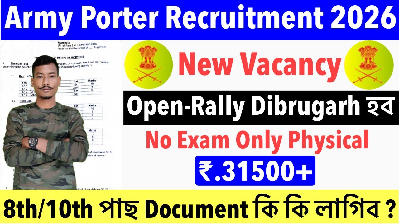 😍Good News🔥Army Porter Recruitment Open Rally 2026-No Exam Only Physical Test ₹31500+ 8th/10th Jobs😯