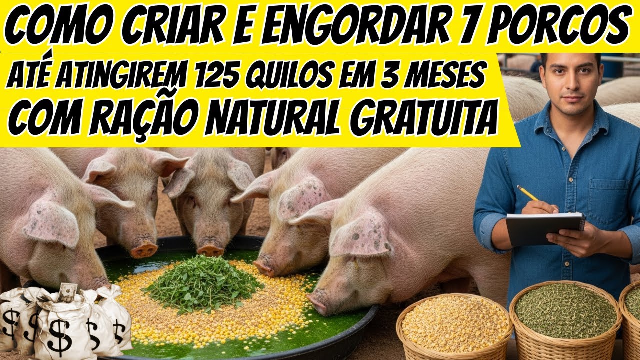 Como criar e engordar 7 porcos até atingirem 125 quilos em 3 meses com RAÇÃO NATURAL GRATUITA, passo