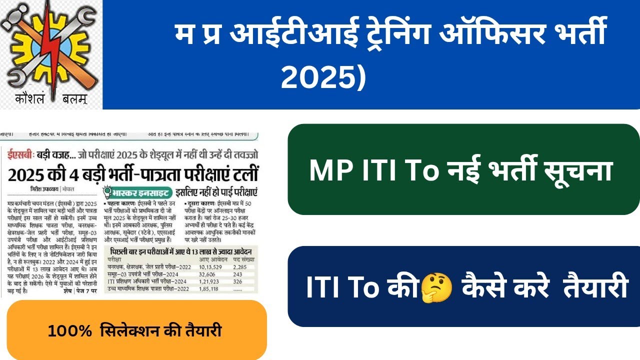 Mp ITI Training Officer Bharti 2025। मध्य प्रदेश आईटीआई ट्रेनिंग ऑफिसर भर्ती। Mp ITI To 