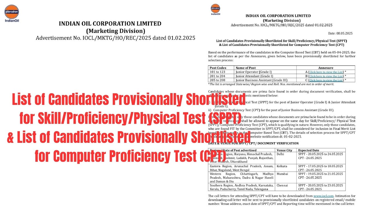 IOCL Jr operator (Marketing division) Result out for skill test and Documents Verification 08/05/25