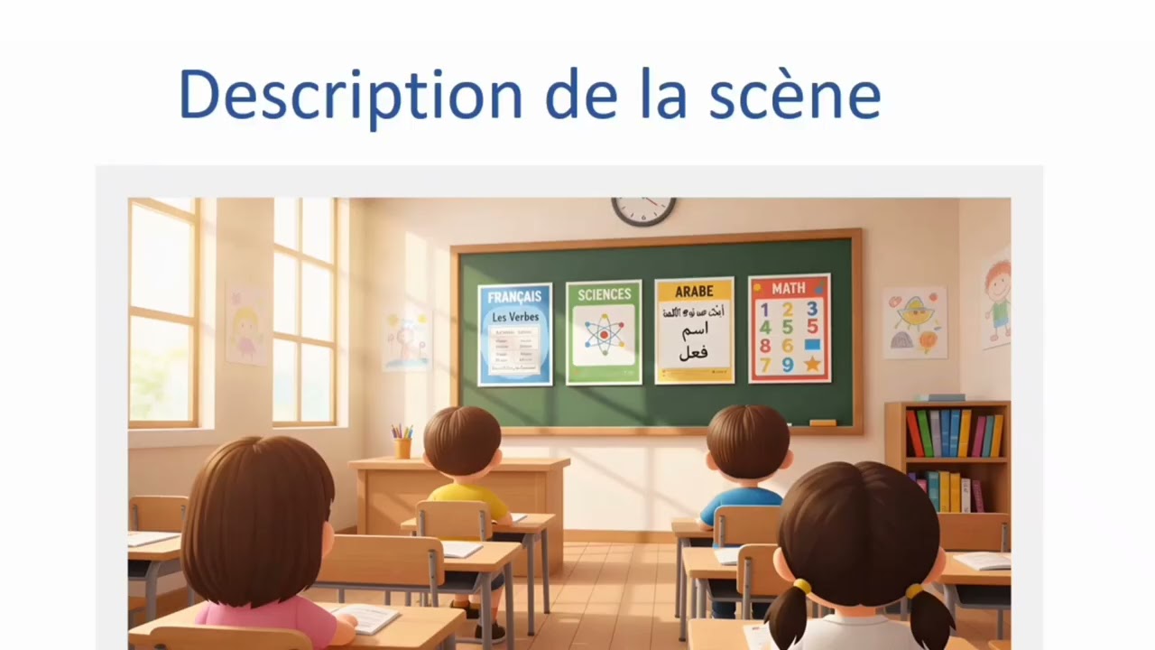Période 2, semaine 3, séance 1, description de la scène. Les matières préférées à l'école.