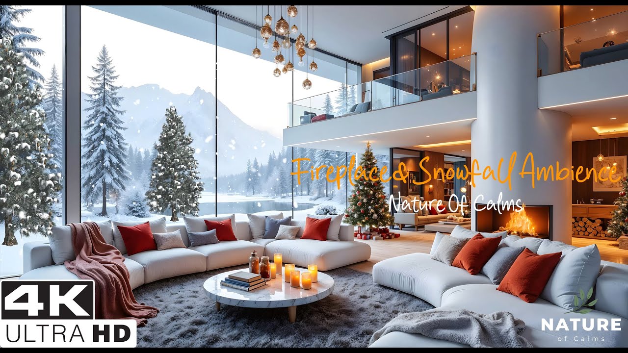 Cozy Luxury Winter Cabin ❄️ Fireplace & Snowfall Ambience (4K)