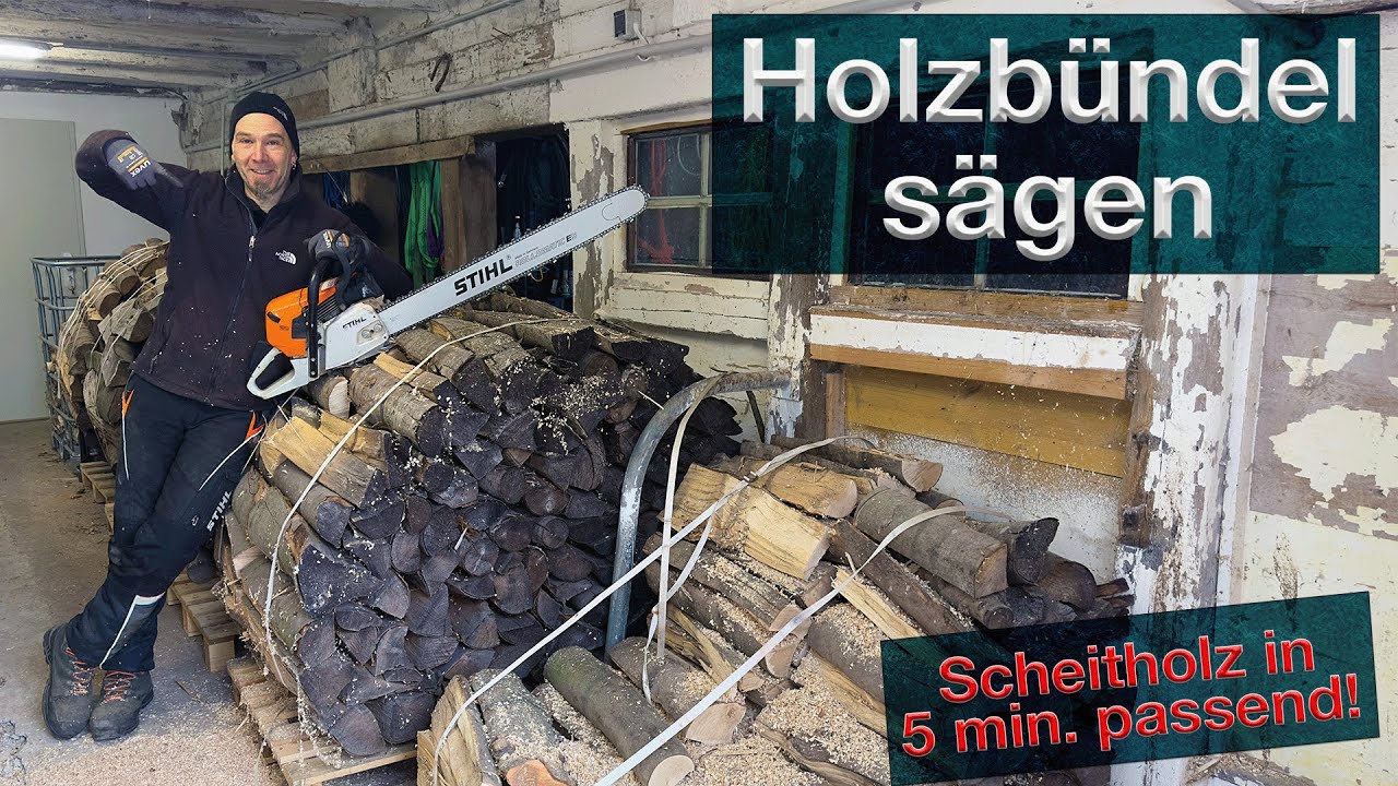 Brennholz Holzbündel sägen, Meterholz wird in wenigen Minuten passend für den Holzvergaser