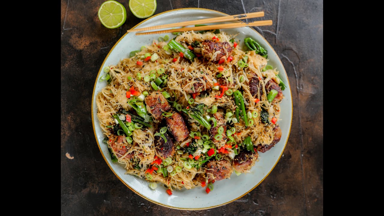 Ad Asian inspired spicy pork meatball noodles