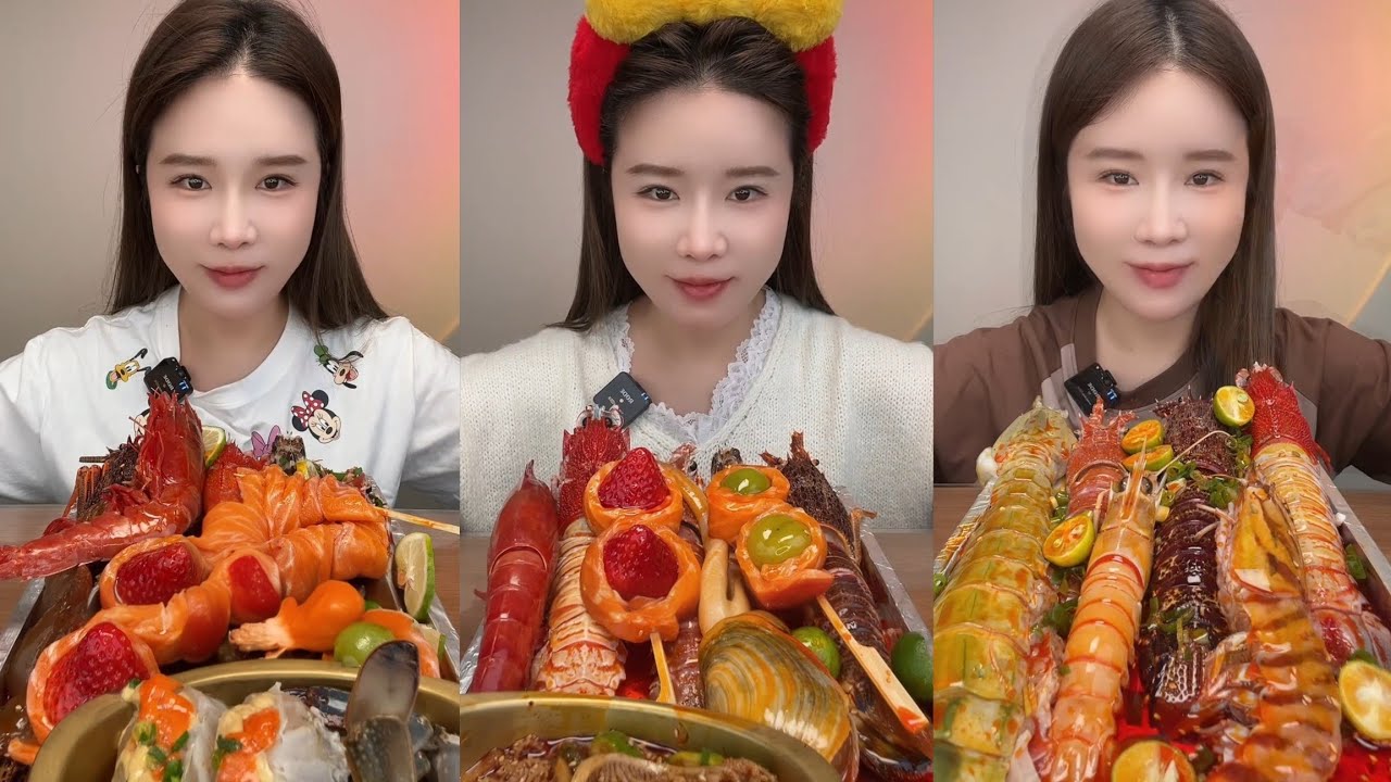 Yummy #316:Eat seafood 🦞 salmon red devil shrimp 🍤🦐 squid 🦑🐙 lobster#mukbang #yummy #delicious