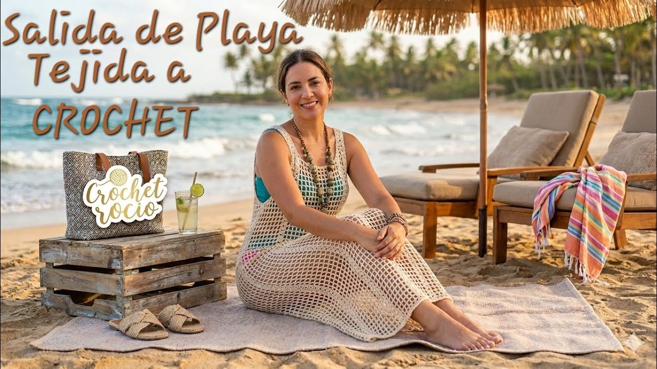 Salida de Playa Tejida a Crochet, Bata Playera, Vestido Playero en algodón. #17
