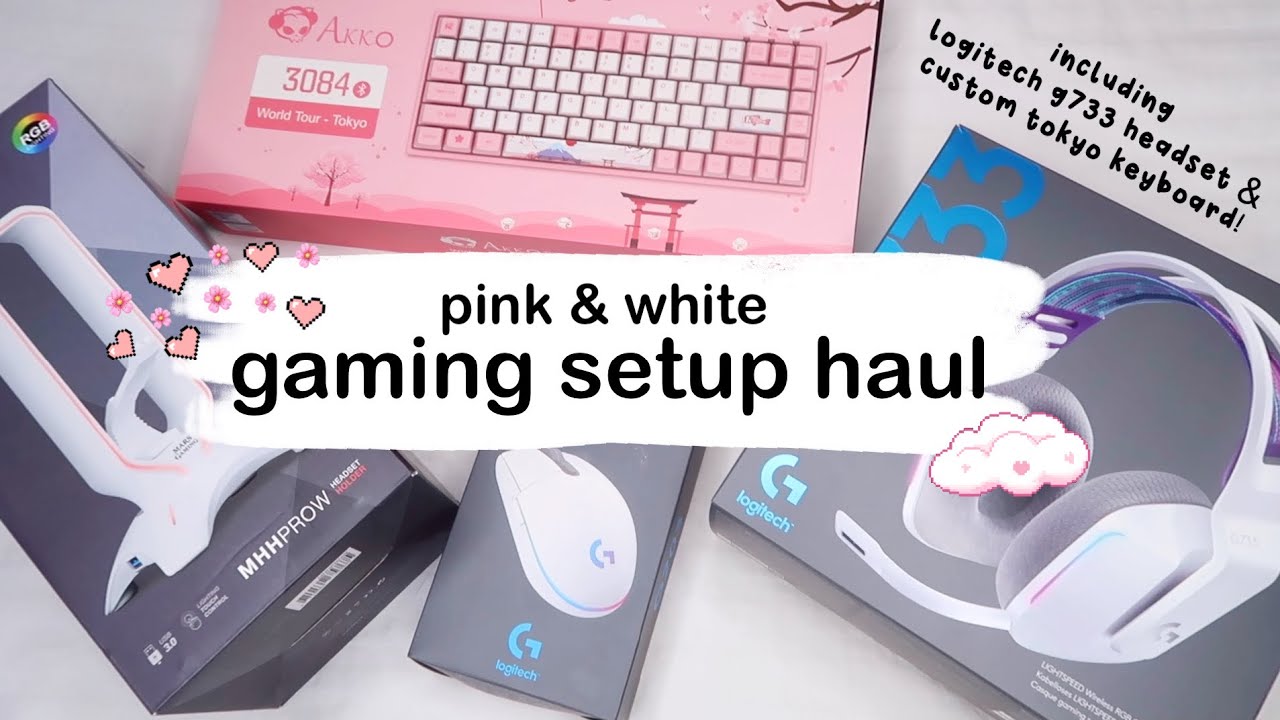 white/pink gaming setup haul & unboxing ☁️ logitech g733 headset & g203 mouse, akko tokyo keyboard