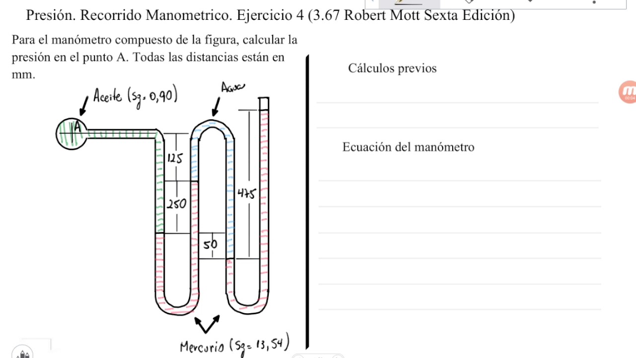 Presión. Recorrido Manometrico. Ejercicio 4 (3.67 Robert Mott Sexta Edición)