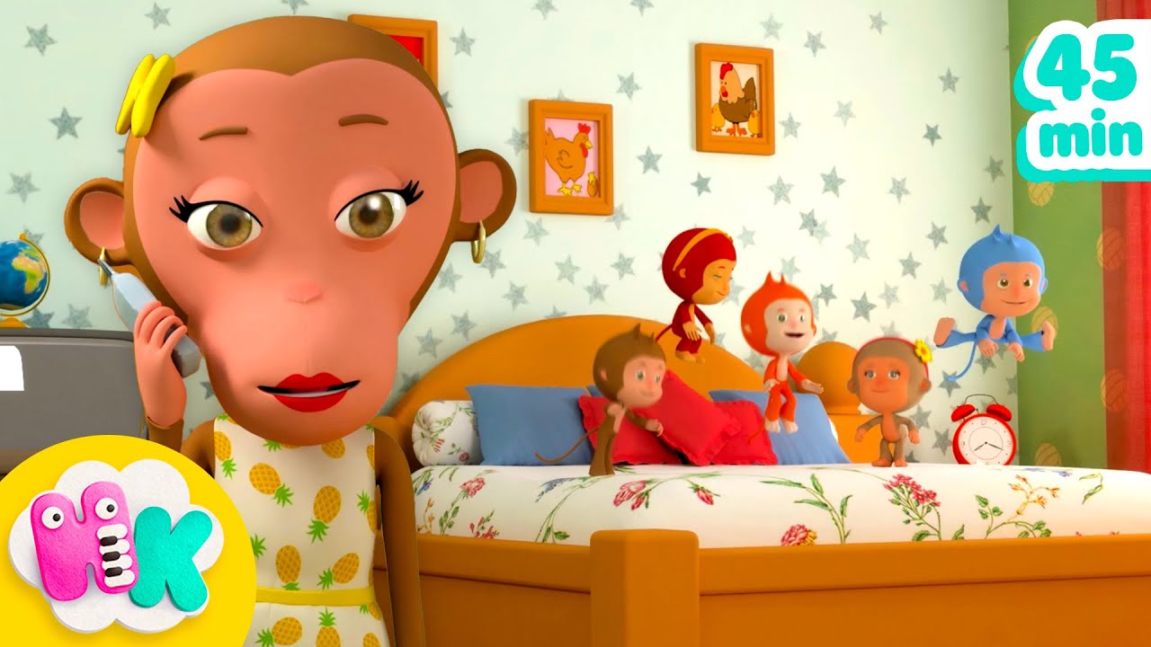 Cinco Monitos saltando en la cama 🐒🙊 Canciones con Animales | HeyKids - Canciones infantiles