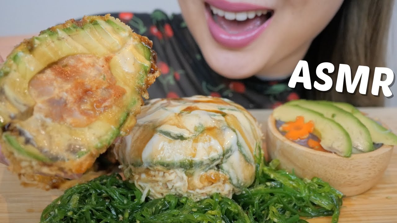 Monkey Brain, Deep Fried Avocado Volcano with Avocado Sunomono Salad ASMR *NO Talking Eating Sounds