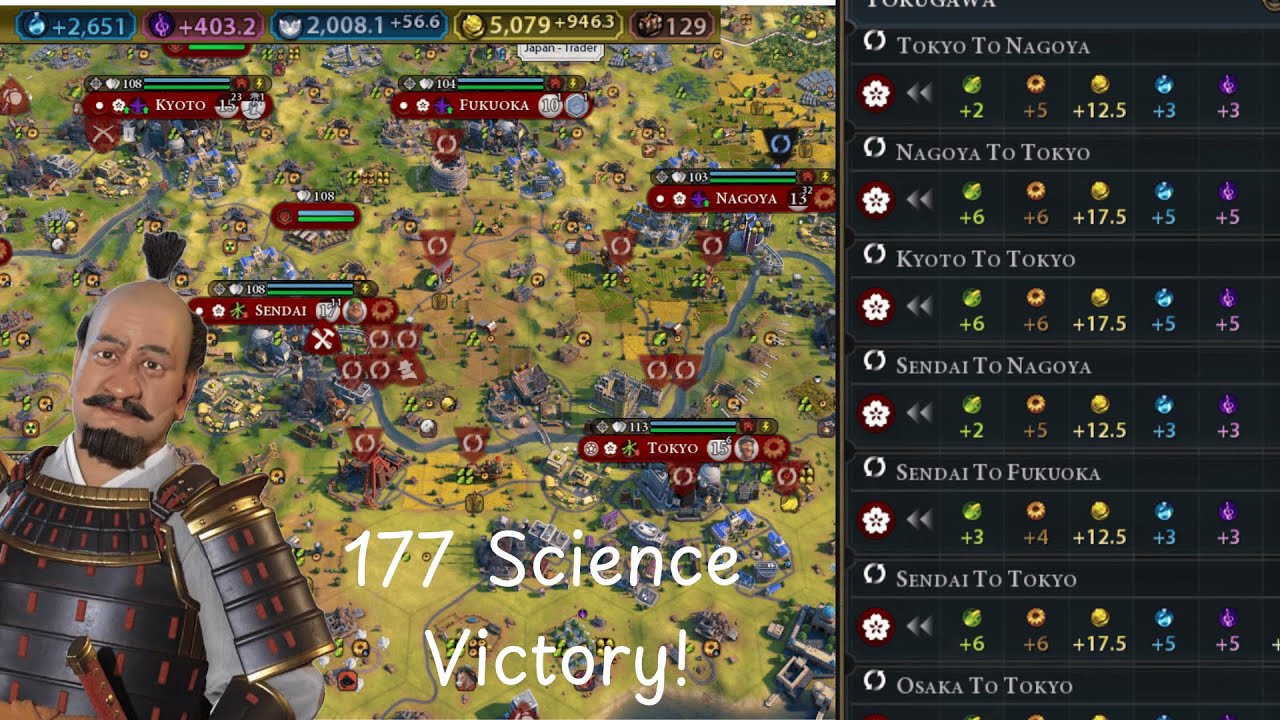 civ 6: fast science victory standard speed with Tokugawa against Deity AI turn 177.