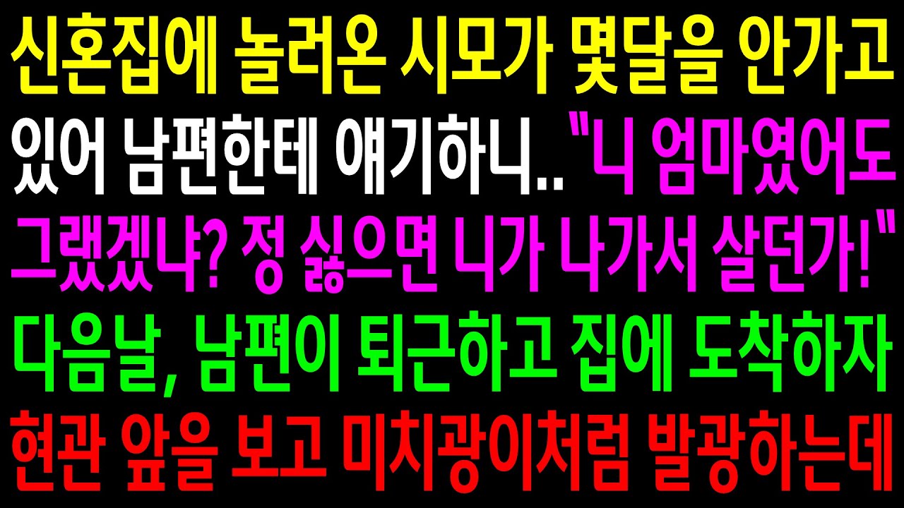 (반전사연)신혼집에 놀러온 시모가 몇달을 안가고 있어 남편한테 얘기하니 나보고 나가 살라는데..다음날 남편이 퇴근하고 집에 도착하자 발광하는데[신청사연][사이다썰][사연라디오]