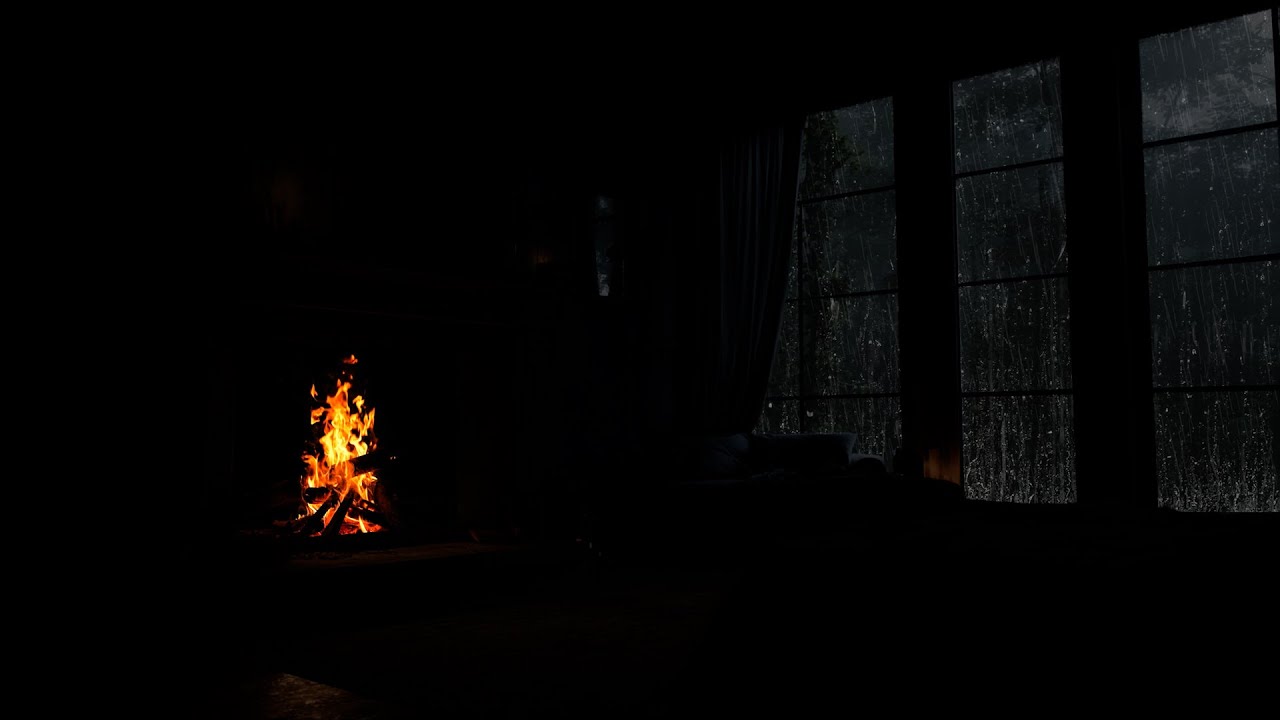 Rain Falling Outside a Quiet Cabin | Warm Fireplace Ambience for Sleep and Focus