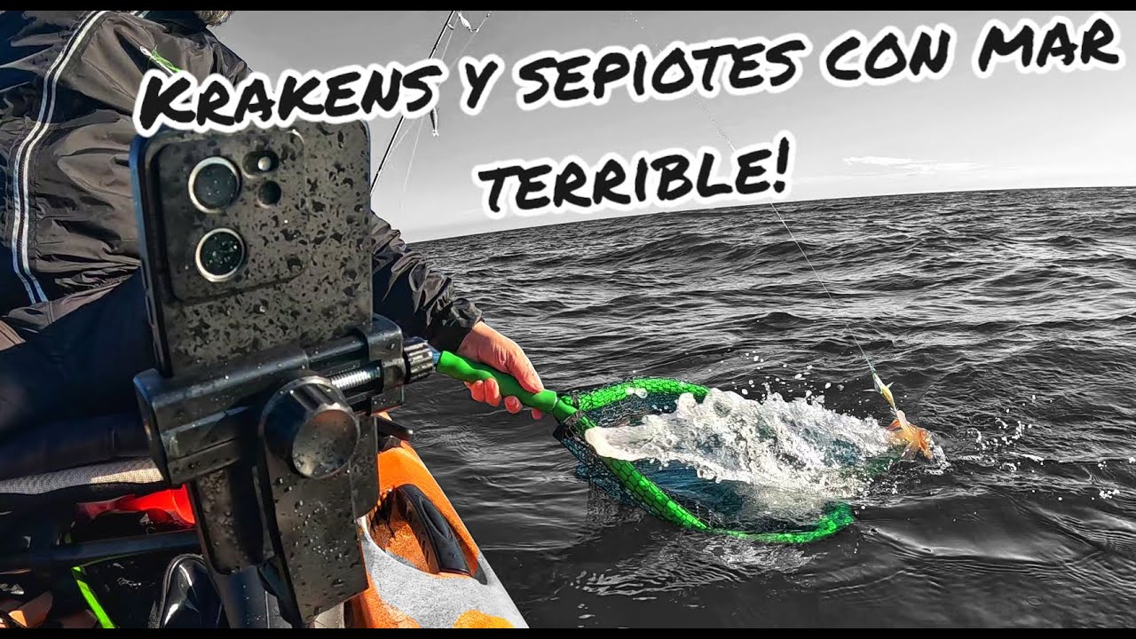 Calamares krakens y sepiotes con mar terrible!. pesca en kayak la 1a del 2025