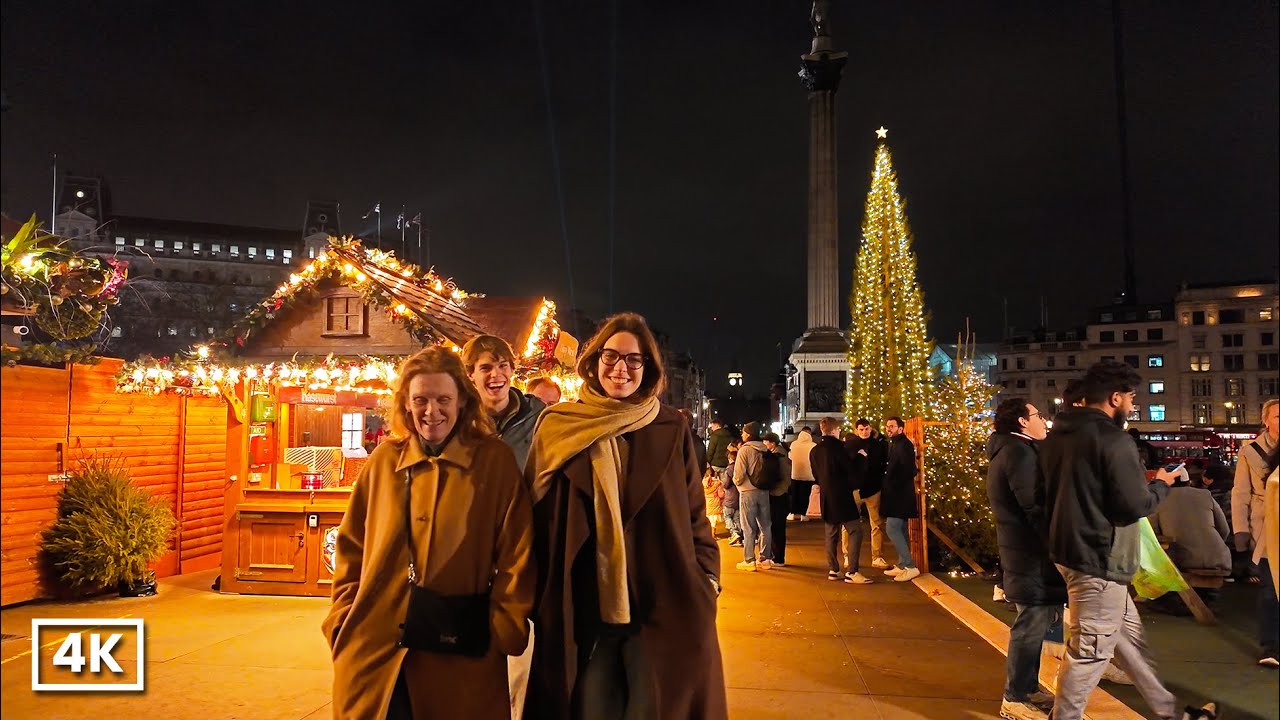 LONDON CHRISTMAS 2025 🎄 Trafalgar Square Evening Walk | Christmas Market & Norway Tree ✨ 4K HDR