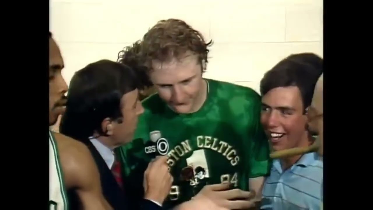 Celtics 1984 NBA championship locker room celebration, trophy presentation, interviews w/ Musburger