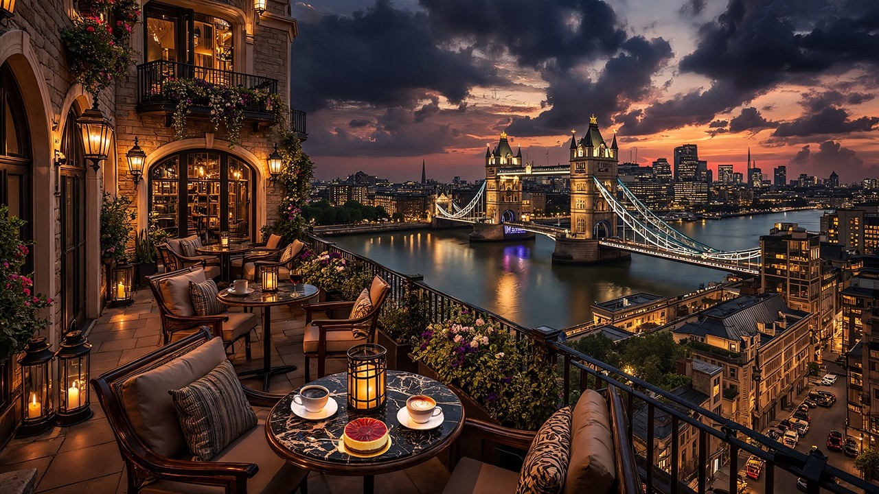 Smooth Jazz Over London at Dusk ☕ Tower Bridge Balcony Café Ambience & Relaxing Jazz for Focus. Work