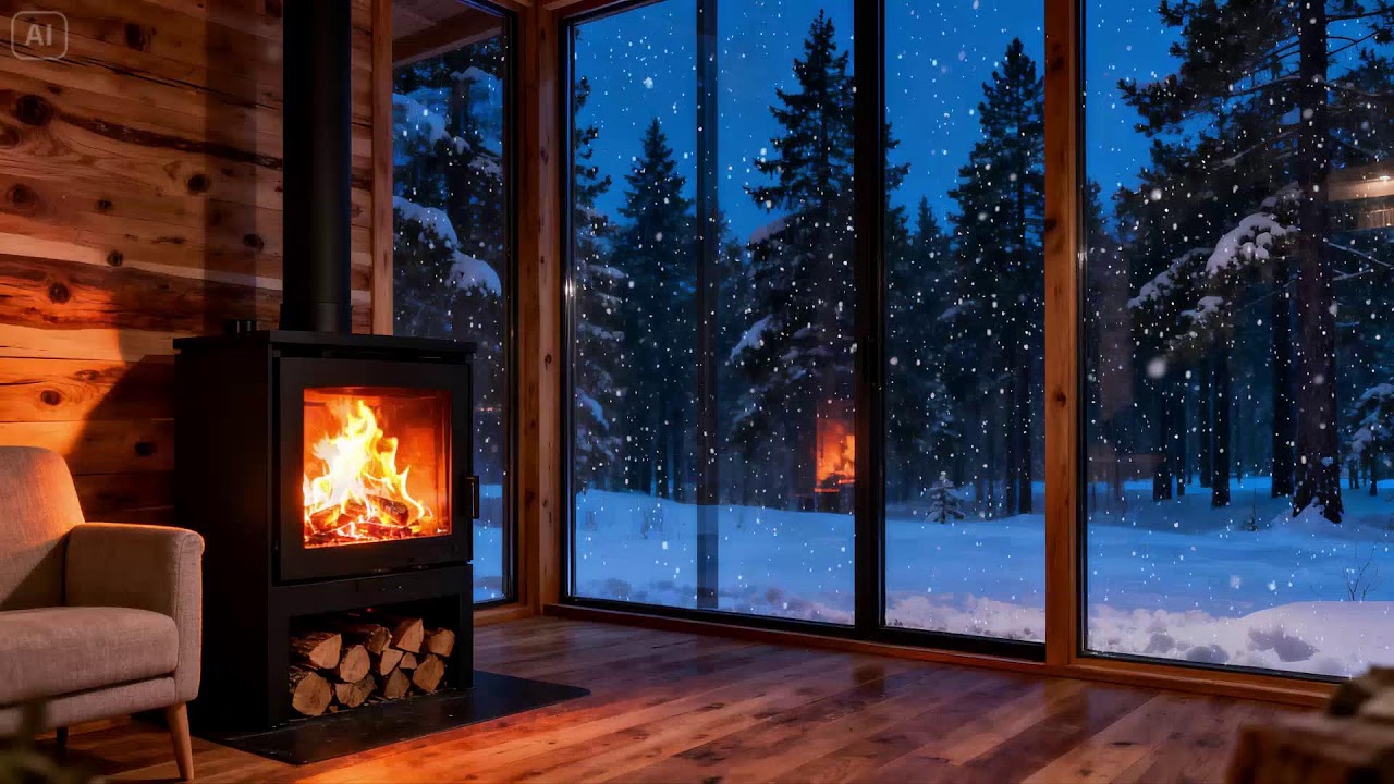 Winter Calm Inside a Log Cabin 🔥 Snow Outside and Gentle Firelight