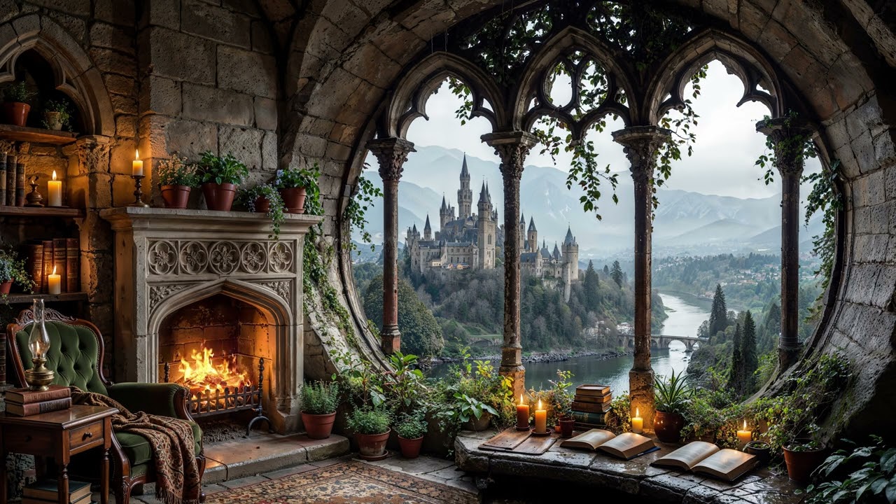 Castle Reading Chamber 🏰📚 Soft Fireplace Ambience for Calm Focus & Study - 4K