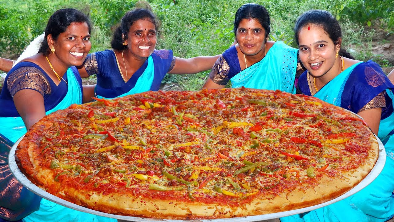 KING SIZE CHICKEN PIZZA | How To Make Pizza at Home  | Chicken Pizza Cooking by VILLAGE BABYS