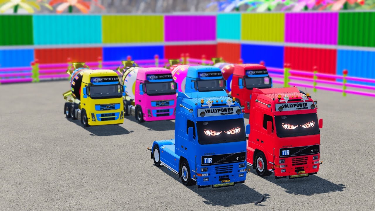 Garage with Colors   ALL MIXER TRUCK WITH DOUBLE FLATBED TRAILER TRUCK, DAF, VOLVO, FREIGHTLINER