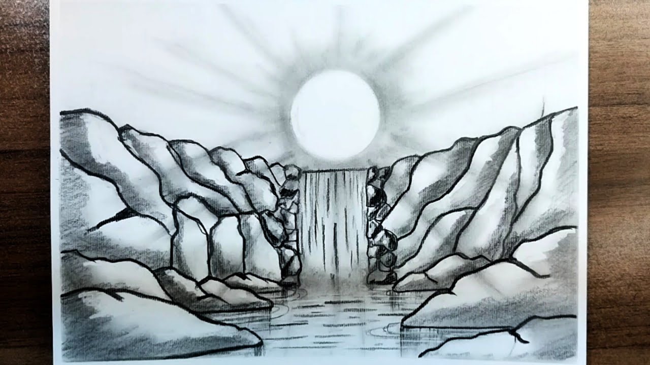 Pencil Drawing Tutorial: How to Draw a Waterfall Landscape Step by Step