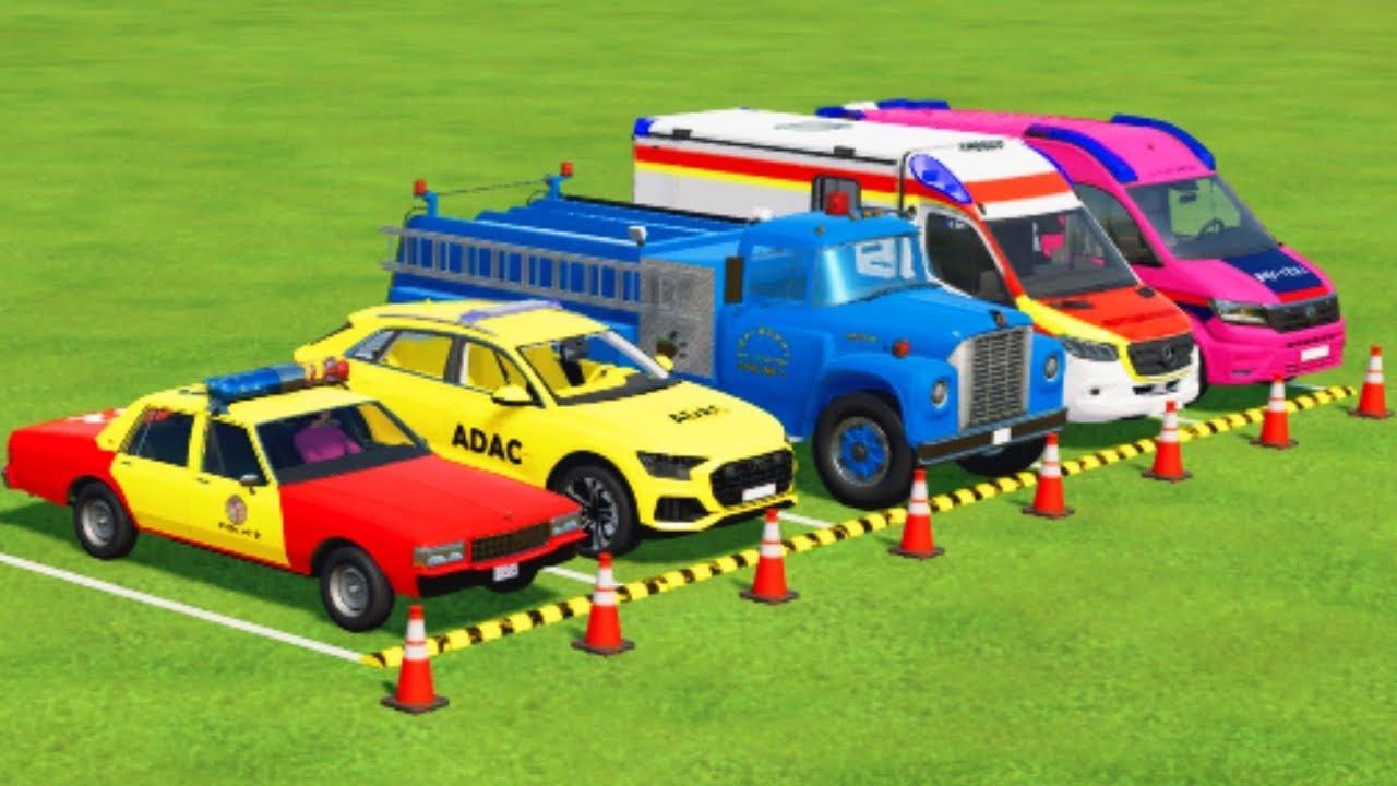 TRANSPORTING CARS, AMBULANCE, POLICE CARS, FIRE TRUCK, MONSTER TRUCK OF COLORS! WITH TRUCKS! - FS 22