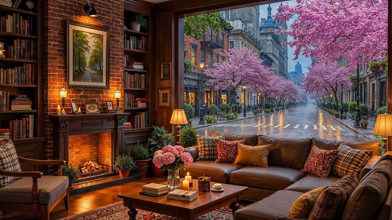Quiet Spring Rain Café ☕🌧️ Soft Jazz Piano & Fireplace Sounds for Work & Focus
