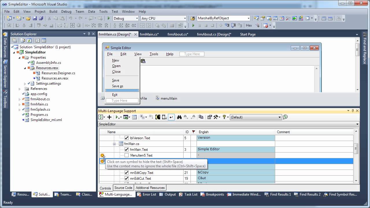 Localizing a C# project with the Multi-Language Add-In