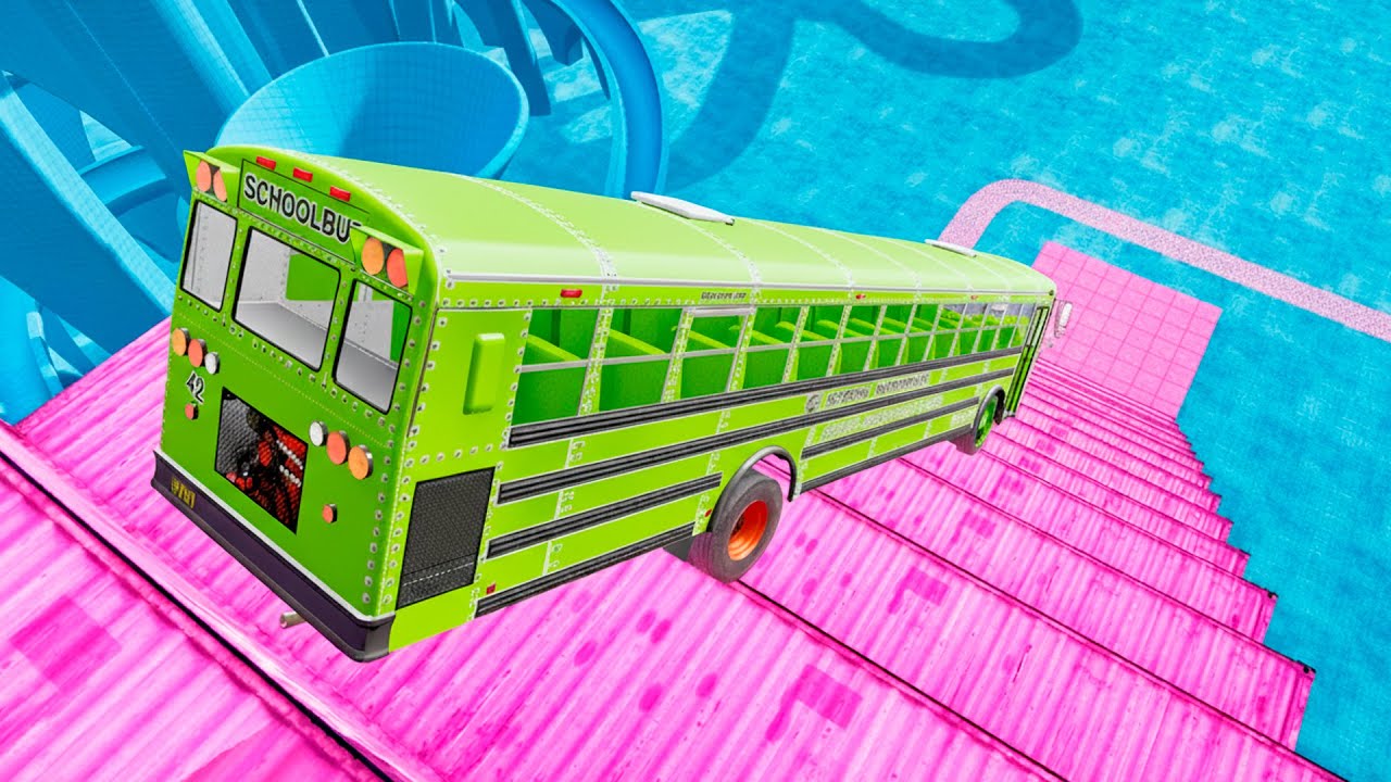 BeamNG Drive USA School Bus Crash – Stairs Jumps Down With Extreme Damage Physics
