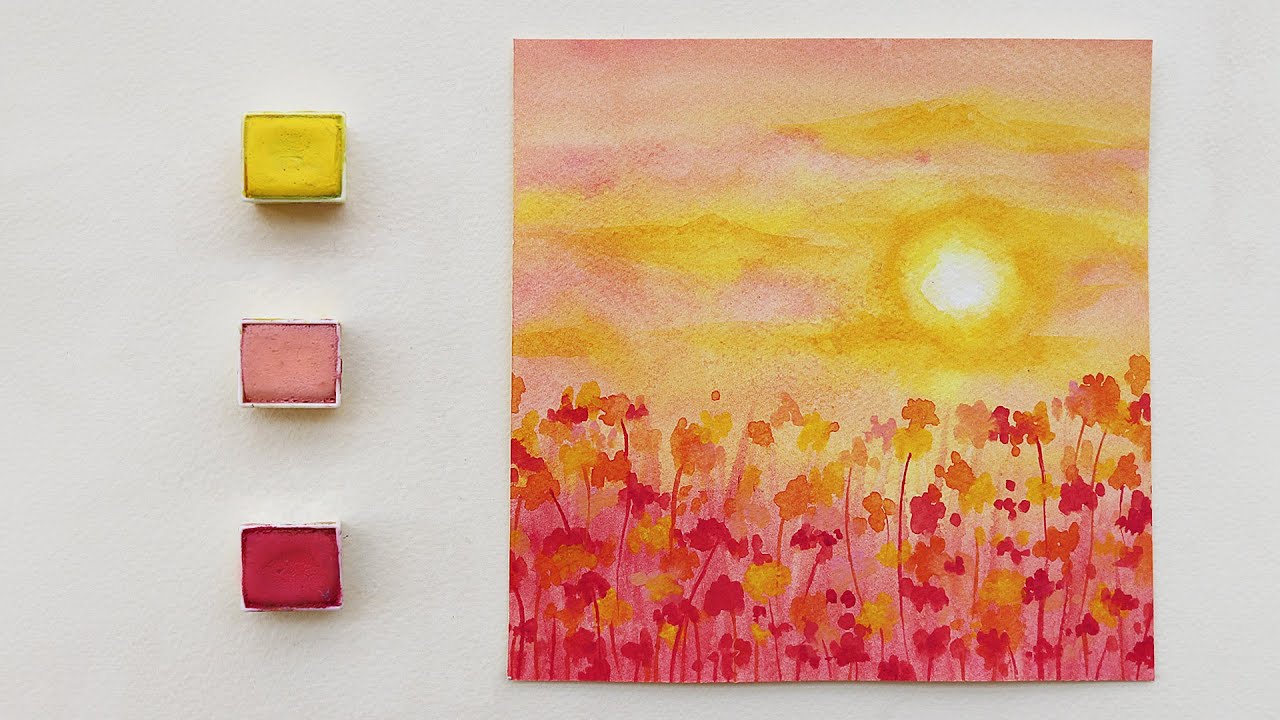 تعلم الرسم بالالوان المائية 🎨: كيف ترسم منظر غروب سهل بـ 3 الوان فقط 🌅