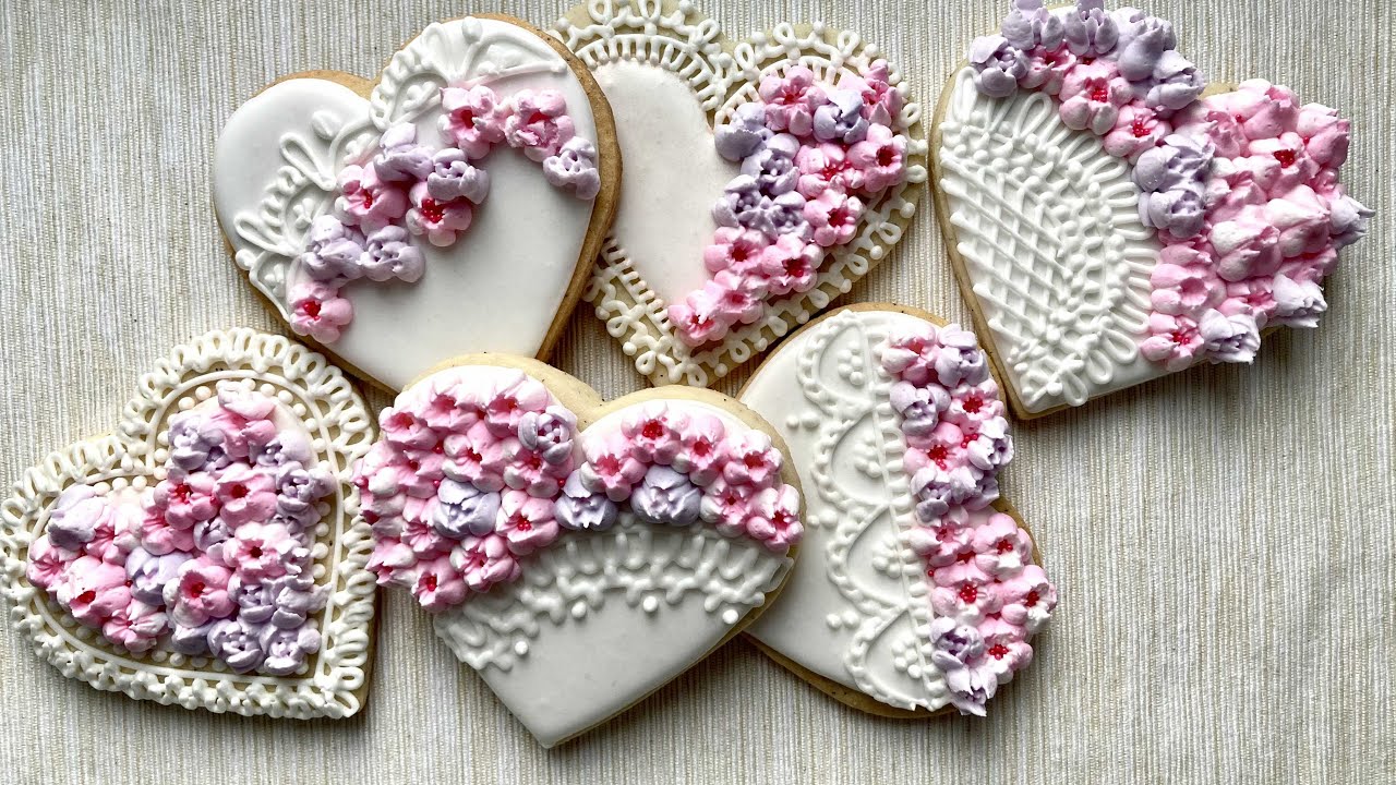 How to Decorate Lace Flower Cookies | How to Decorate Heart Cookies Using Russian Flower Tips