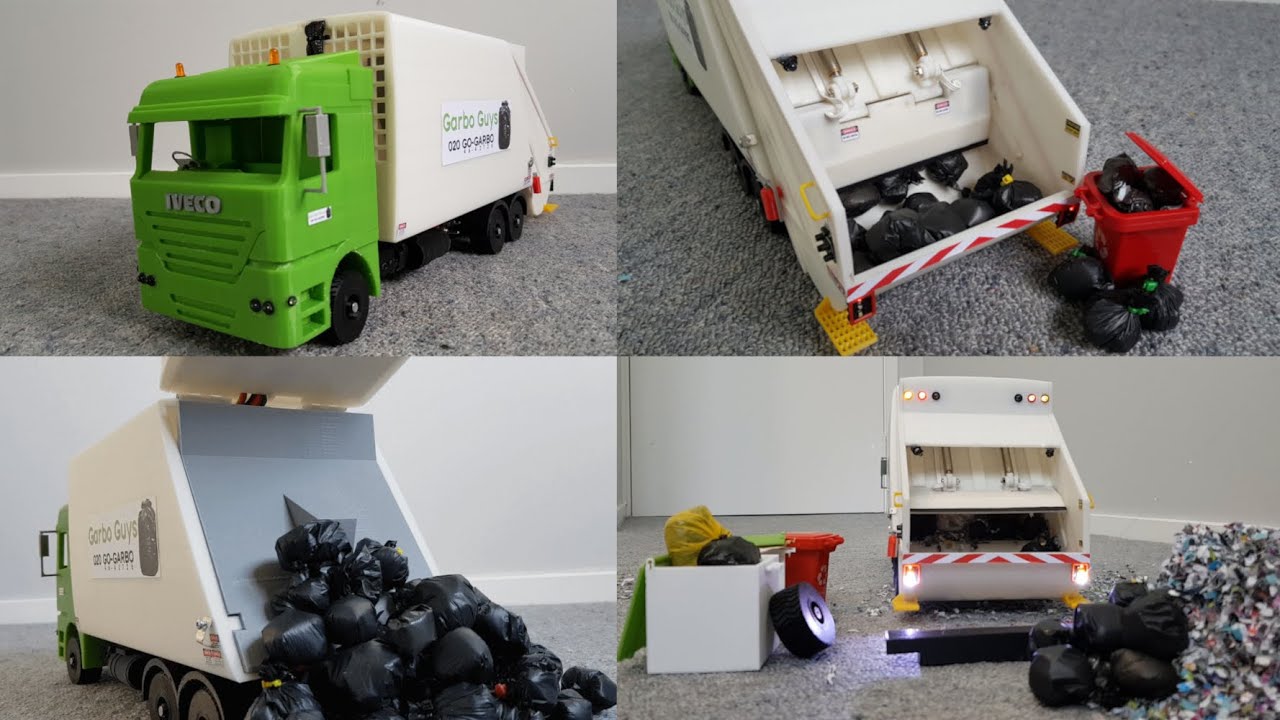3D Printed, Rear Loader Rubbish Truck with Electronic Components and Moving Parts, 1:22 Scale