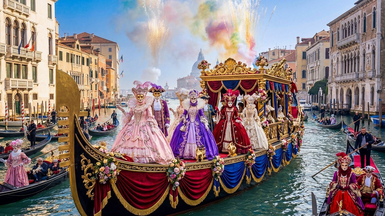 Венецианский карнавал 2026 года: парад открытия: водное шоу на Гранд-канале и венецианские маски (ча
