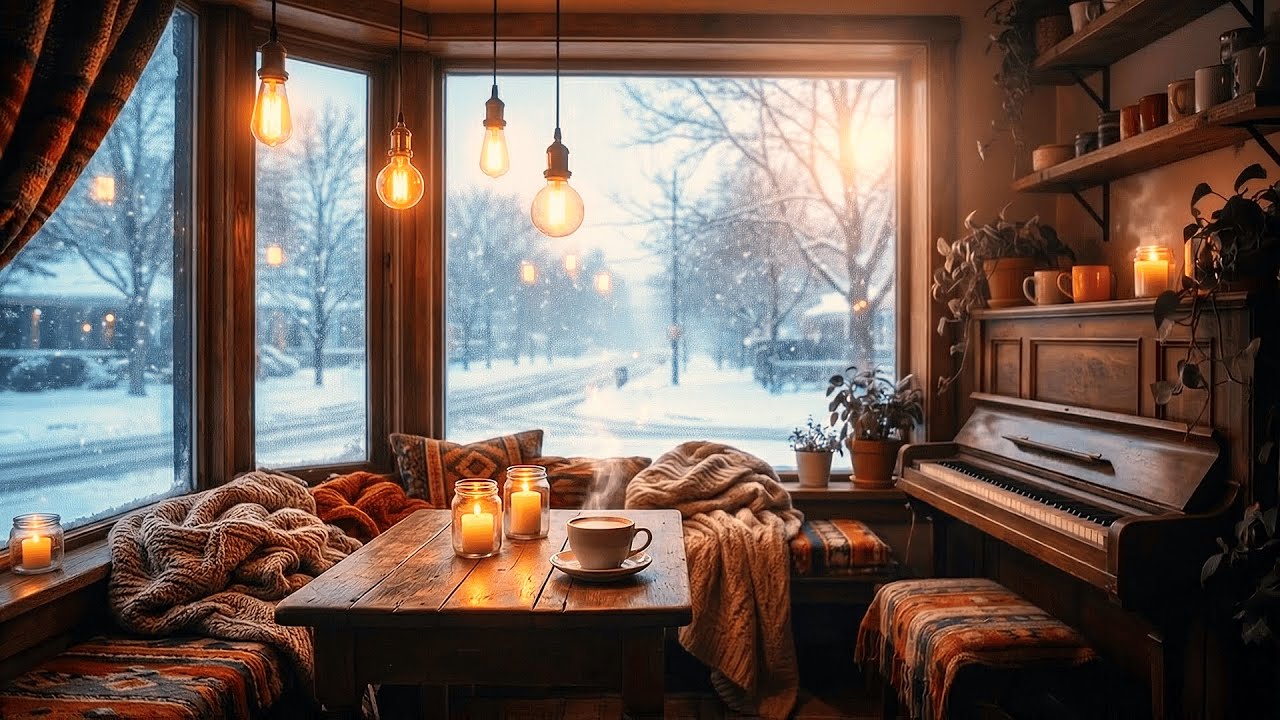 Peaceful Winter Night Café ☕ Snow Falling Outside & Candle Glow | Static Cozy Ambience