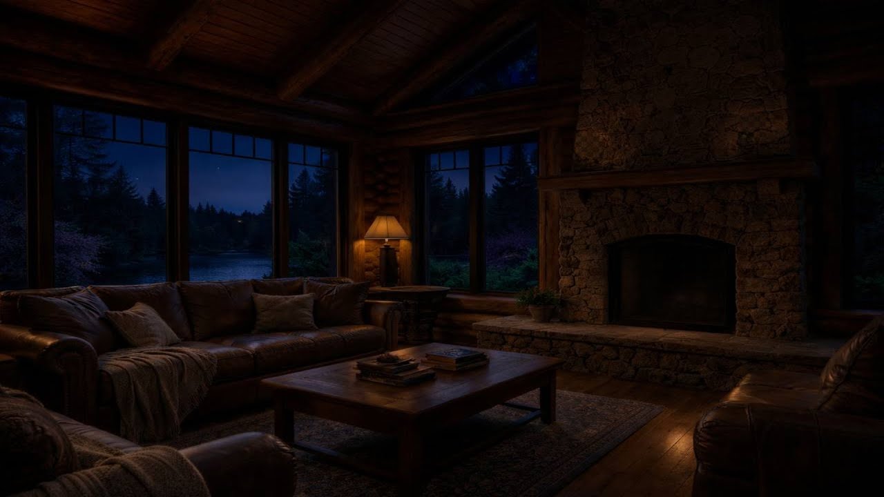Cozy Cabin Night Ambience 🌙 Fireplace Glow & Peaceful Spring Evening