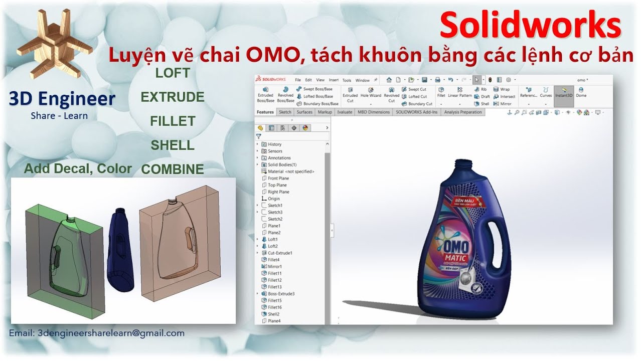 Solidworks - Hướng dẫn vẽ chai nhựa - tách khuôn bằng các lệnh cơ bản nhất