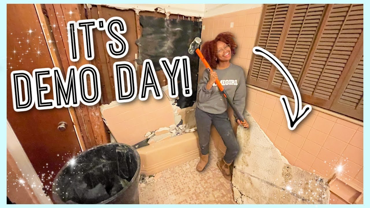 IT'S DEMO DAY!!! 🔨Completely Gutting my PINK 1950's Bathroom!| Bathroom Makeover VLOG 2 #FIXERUPPER
