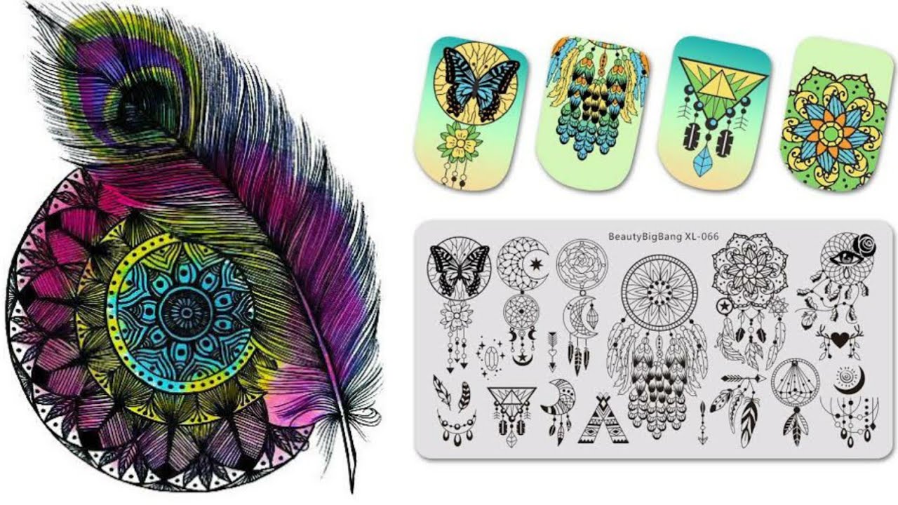 Mandala & Feather Designs using Nail Art Stamper & Stamping Plates