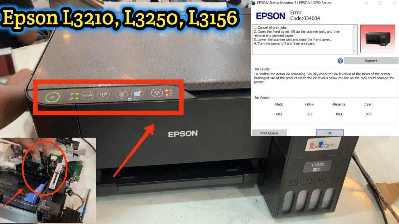 Blinking all lights | error code 034004 Epson L3250 | Fatal Error L3250 | Printerinside