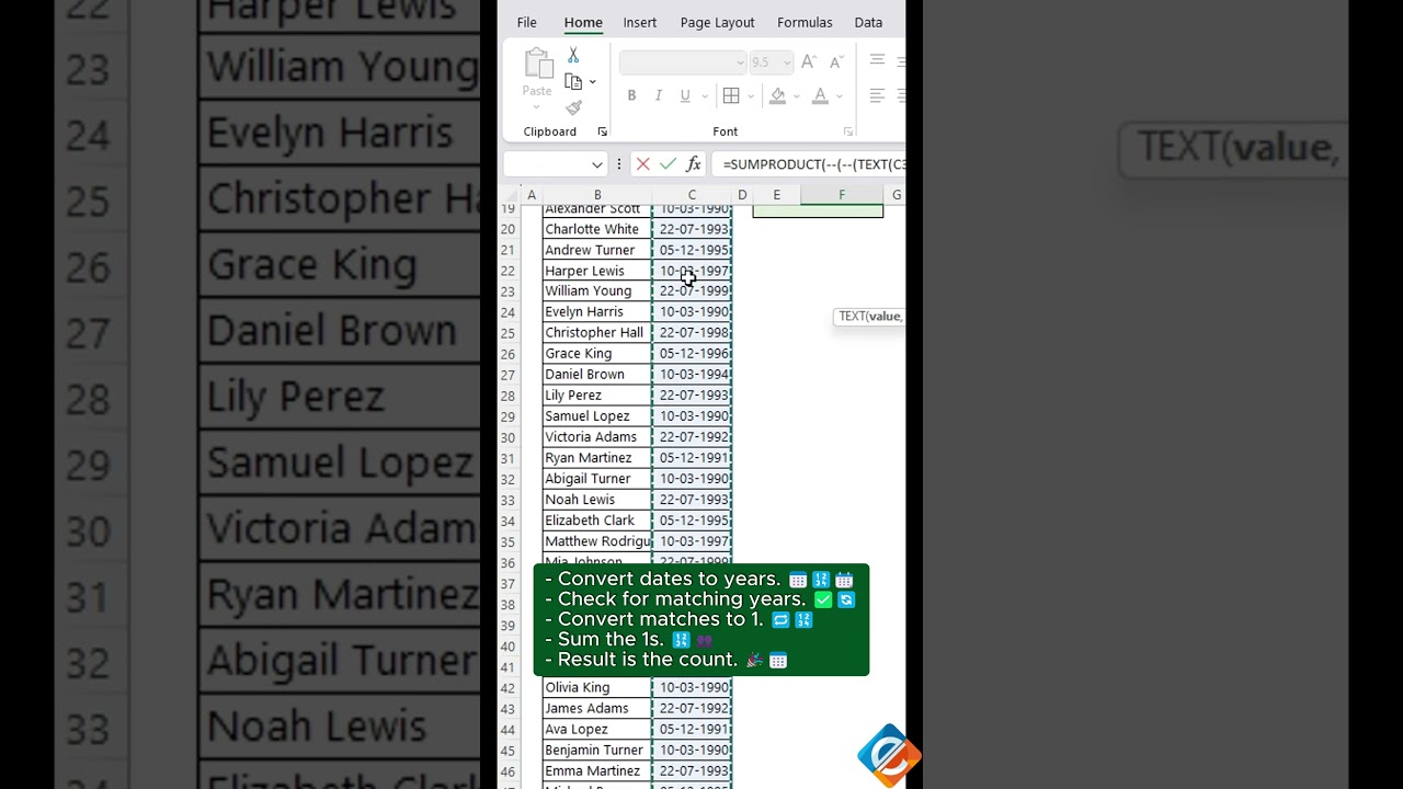 Excel Data Analysis: Counting Employees by Birth Year using SUMPRODUCT & TEXT! 📊🗓️