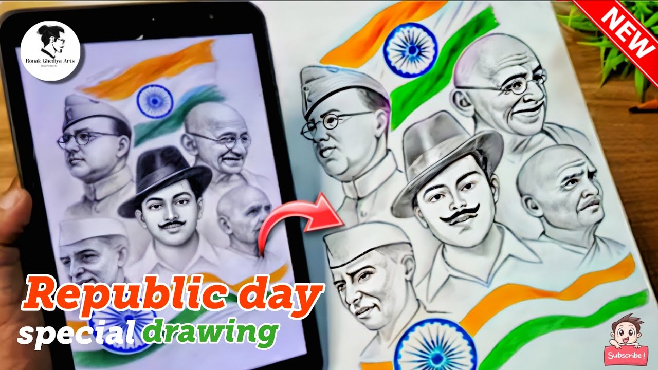 Republic Day Special Drawing 🇮🇳, Freedom fighters face Step By Step Drawing,26 january special