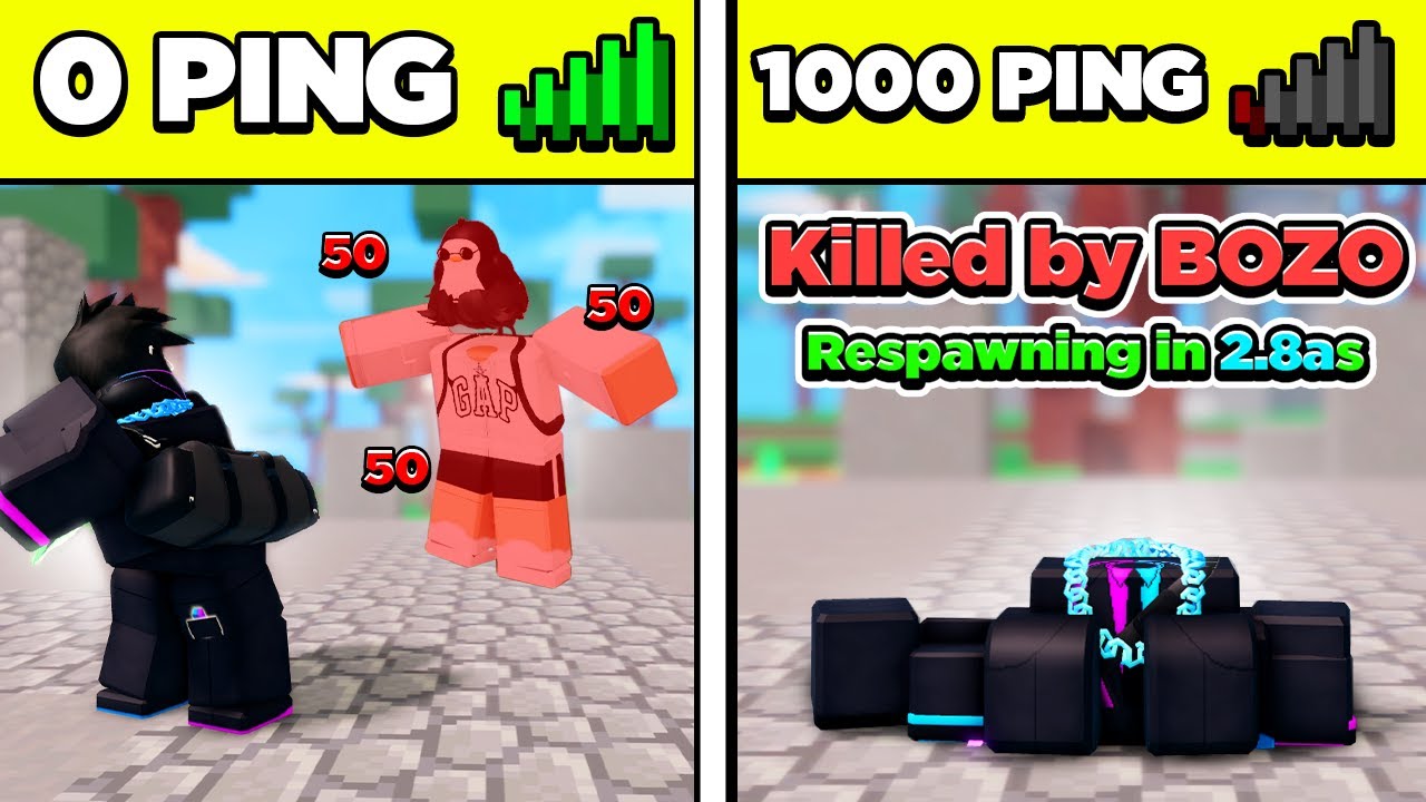 0 пинг против 1000 пингов в Roblox BedWars!