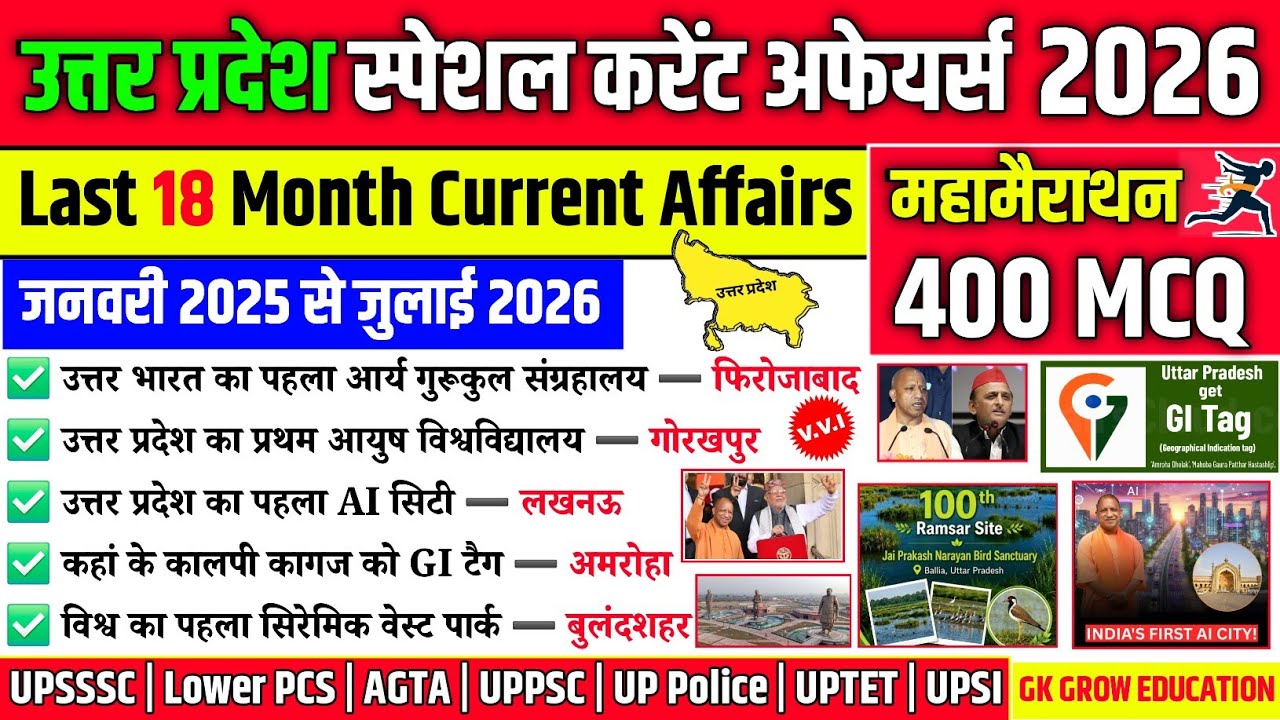 उत्तर प्रदेश वार्षिक करेंट अफेयर्स 2026 | Last 18 Month UP Special Current Affairs 2025-26 | UP GK