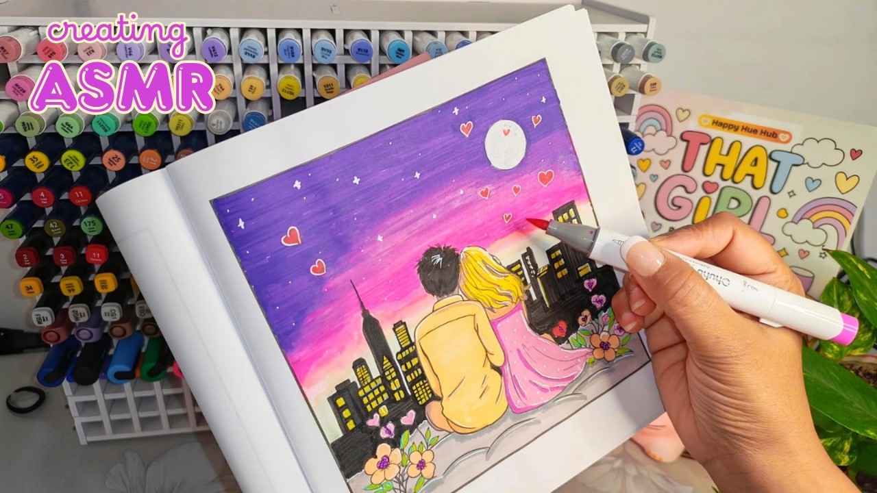 ASMR Coloring Cute Love Couple | Satisfying Alcohol Markers